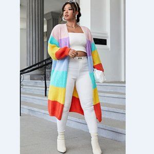 Plus Size Striped Rib-Knit Open Front Duster Cardigan